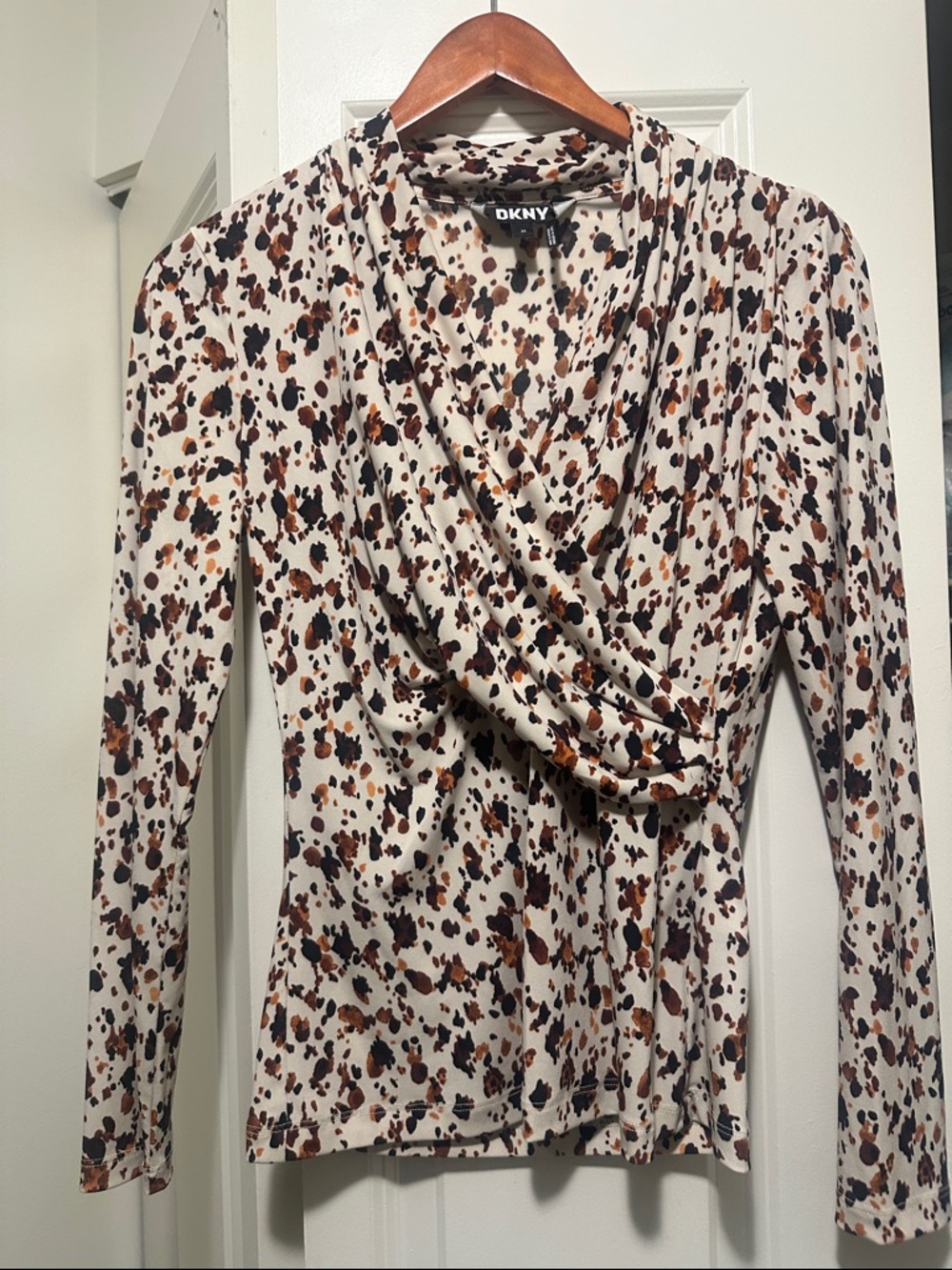 DKNY Cream Leopard-Spot Draped Long Sleeve Top